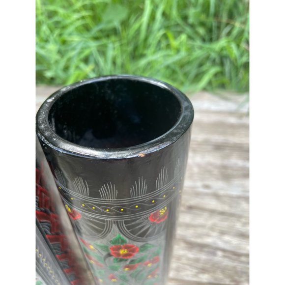 Vintage Pair Black Lacquer Wood Vases Red Etched Flowers 10" - Picture 10 of 16